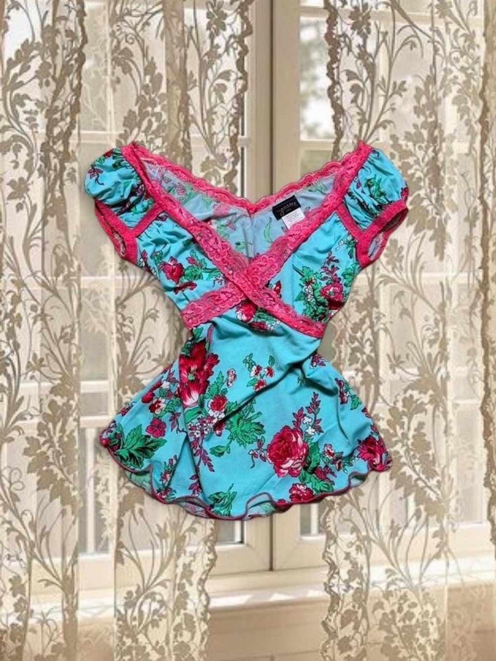 Vintage Y2K Deadstock Fairy Whimsygoth Babydoll Blue and Pink Lacey Floral Top